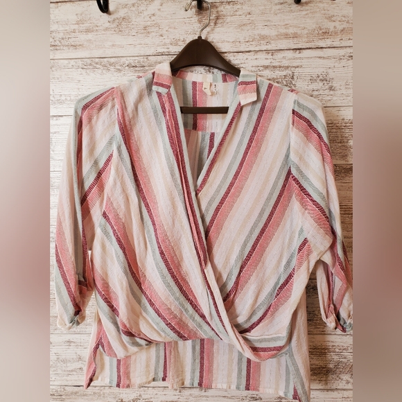 Elan Tops - NWOT Elan Striped Surplice Faux Wrap Roll Sleeve Blouse